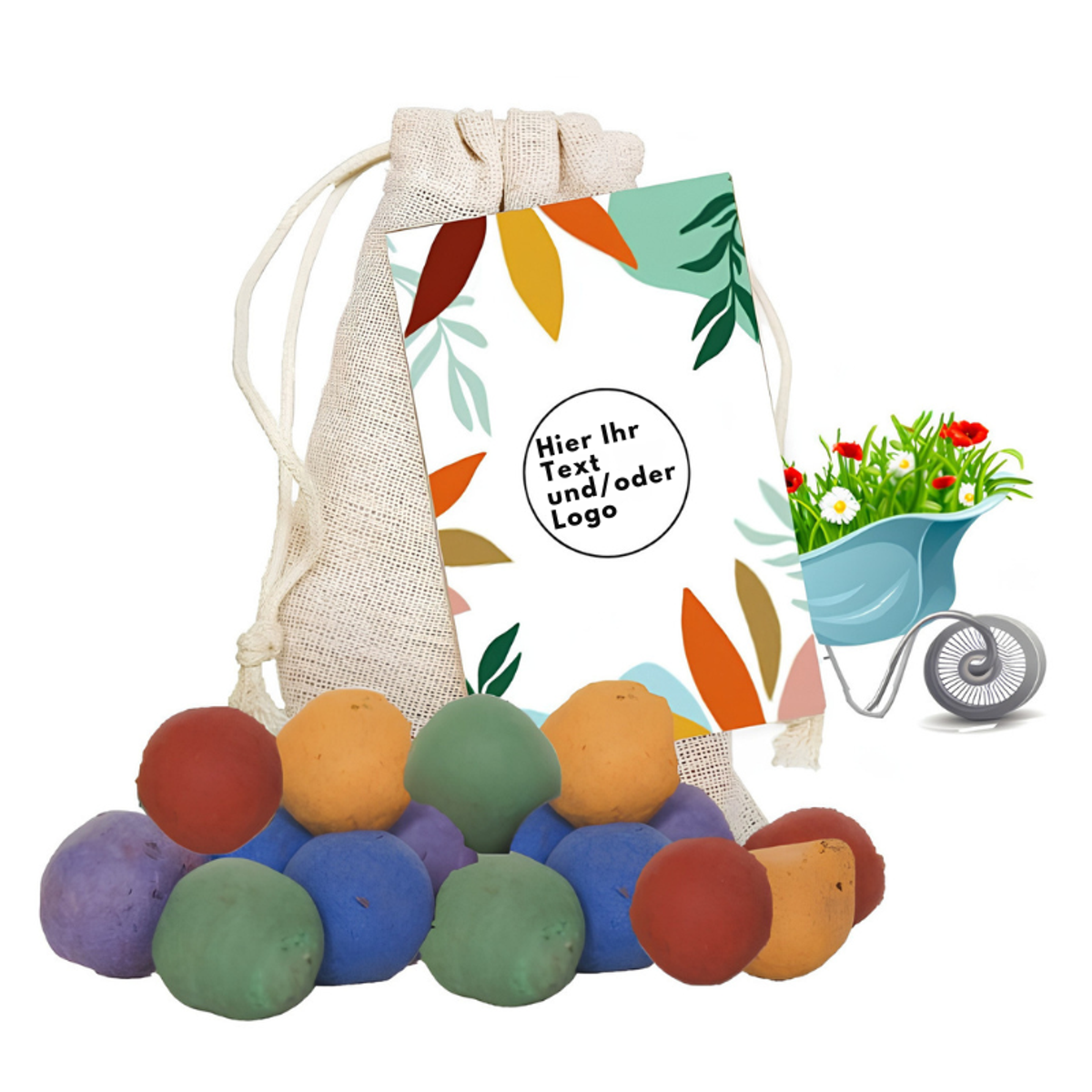 Bunte Samenbomben Jutebeutel – Eigenes Design Logo / Text