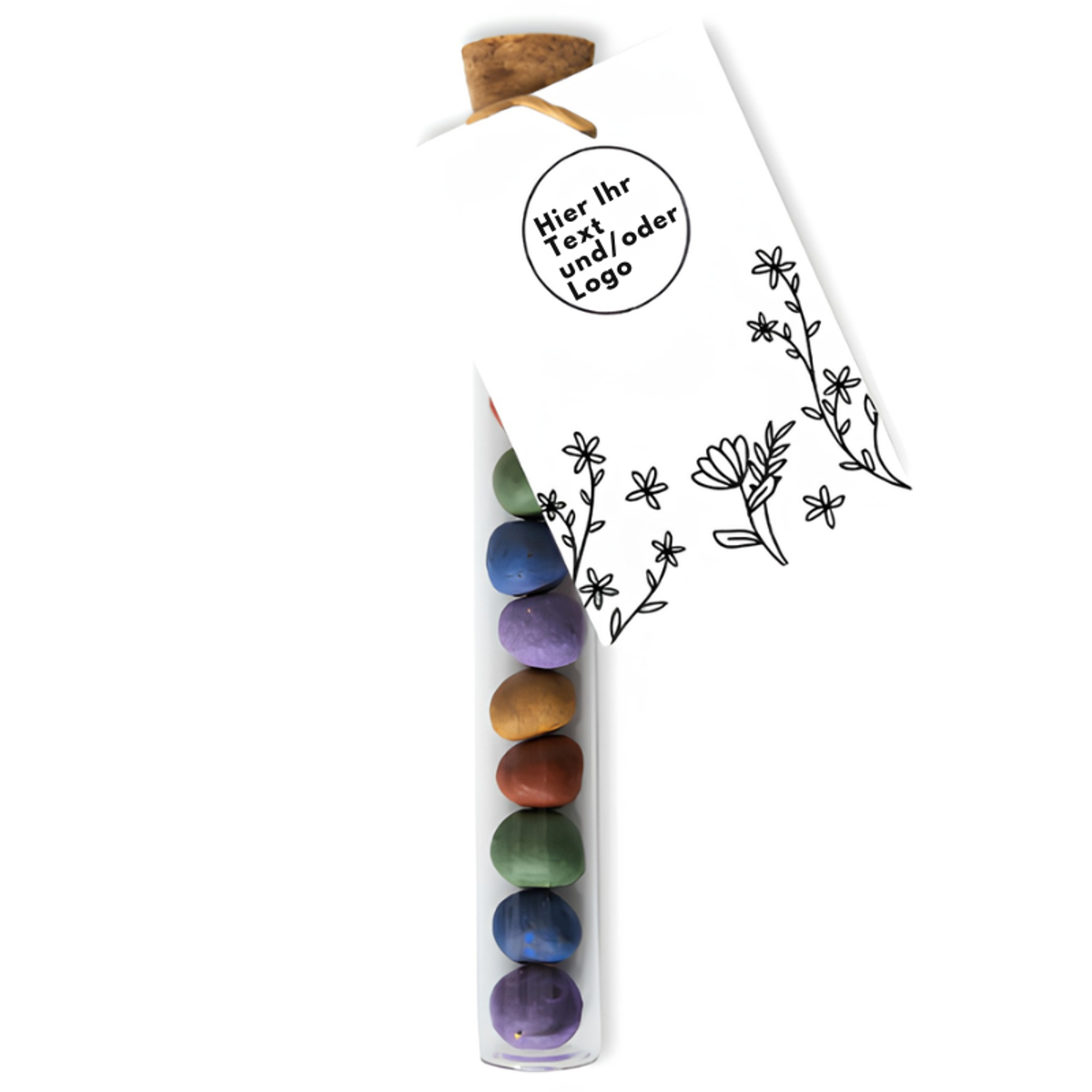 10 Bunte Samenbomben im Reagenzglas – Eigenes Design Logo / Text