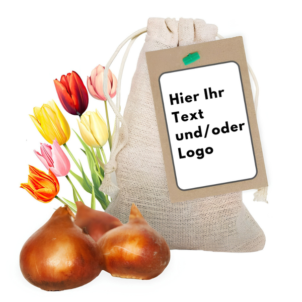 Tulpenzwiebeln Jutebeutel mit Logo | Nachhaltiges Geschenk